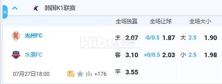 7月27日 18：00 韩国甲 光州VS水原