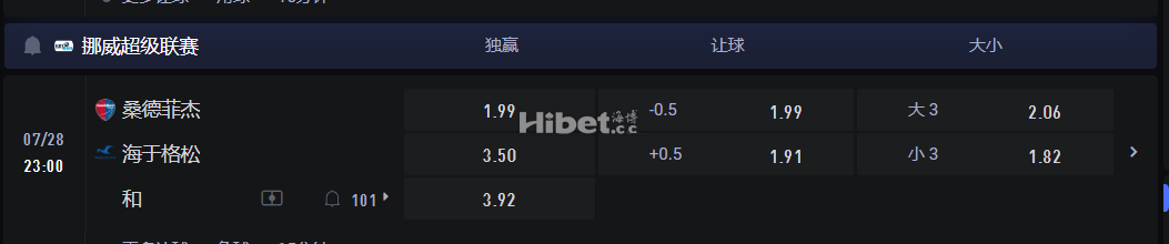 挪威超级联赛 07/28 23:00 桑德菲杰VS 海于格松