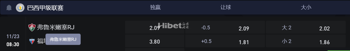 巴西甲级联赛 11/23 08:30 弗鲁米嫩塞RJVS 福塔雷萨